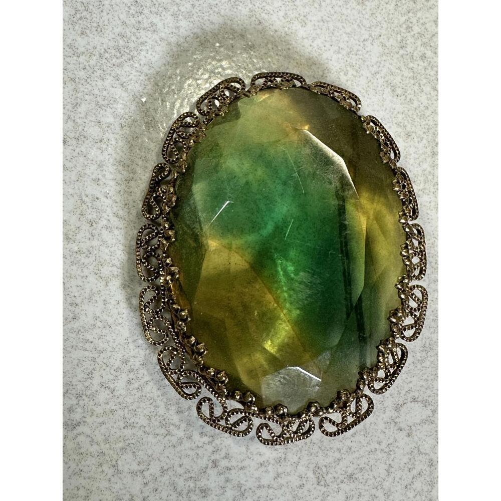 Vintage West Germany Style Green Yellow Lucite Brooch Gold Filigree